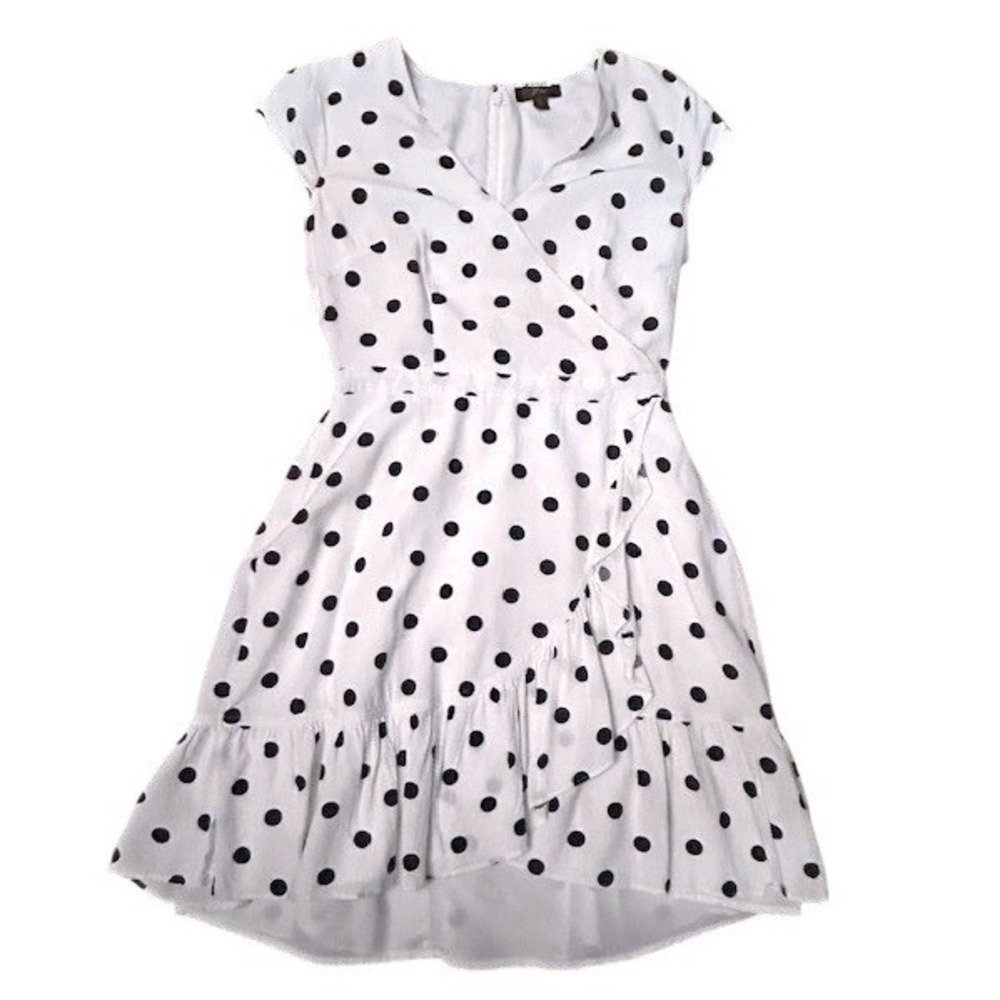 J.Crew Polka Dot Faux Wrap Mini Dress White Navy Blue Preppy Retro Vibe Size 2 - Picture 2 of 13